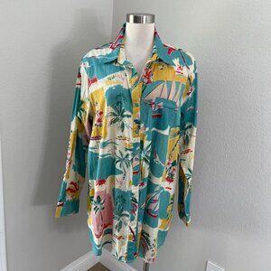 True Destinations Womens XL Cotton Button Up Shirt Roll Tab Sleeve Blouse Tropic